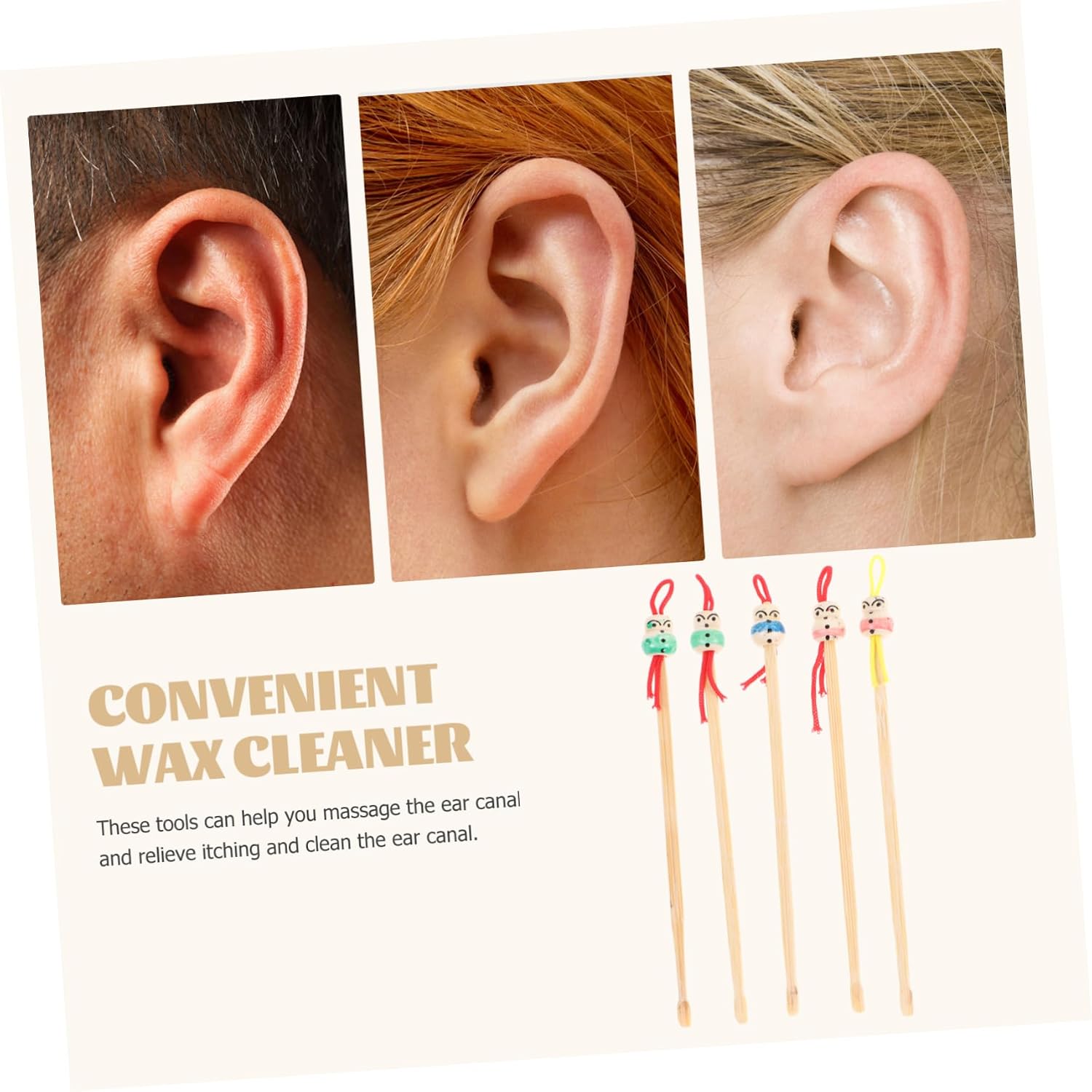 KOMBIUDA 5pcs Bamboo Ear Cleaning Picks Cute Doll Head Earpicks Skid Resistant Ear Wax Removal Tool for Adults and Family Use Random Designs