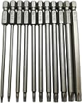 Long Torx Security Head Screwdriver Drill Set 1/4 Inch Hex Shank T6 T7 T8 T9 T10 T15 T20 T25 T27 T30 T40 11 Pieces 4 Inch Length S2 Steel Torx Screwdriver Bit Set (11pcs Torx Head 100mm)