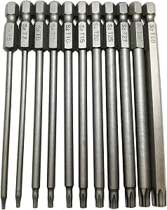 Long Torx Security Head Screwdriver Drill Set 1/4 Inch Hex Shank T6 T7 T8 T9 T10 T15 T20 T25 T27 T30 T40 11 Pieces 4 Inch Length S2 Steel Torx Screwdriver Bit Set (11pcs Torx Head 100mm)