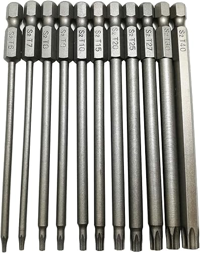 YDLQWCZ Long Torx Security Head Screwdriver Drill Set 1/4 Inch Hex Shank T6 T7 T8 T9 T10 T15 T20 T25 T27 T30 T40 11 Pieces 4 Inch Length S2 Steel Torx Screwdriver Bit Set (11pcs Torx Head 100mm)