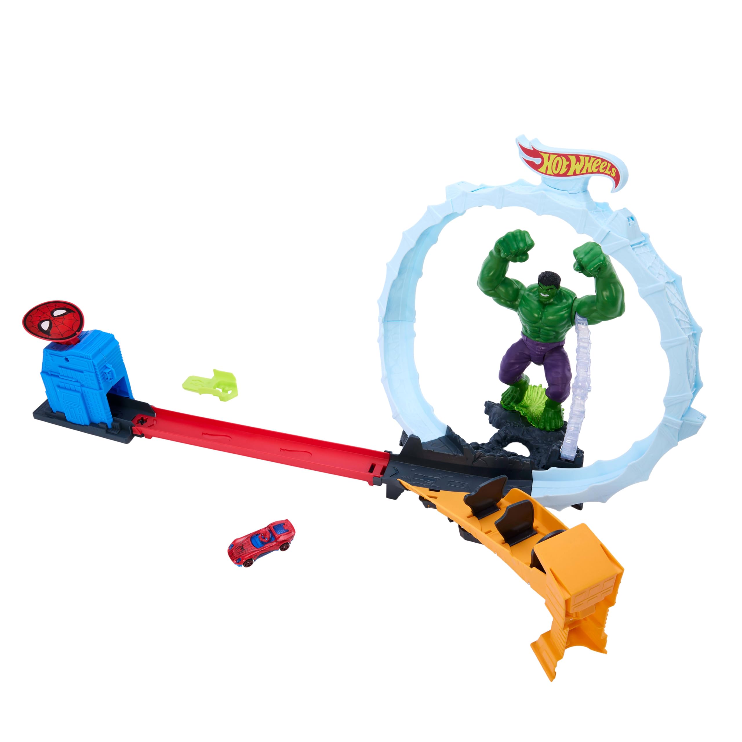 Hot Wheels Superstar Speeders Tor Spider-Man i Hulk: Superbohaterska akcja Zestaw, 1 metalowe auto Superstar Speeders, wyścig przez pętlę, złoczyńcy do pokonania, zabawka dla dzieci 4+, JMR29