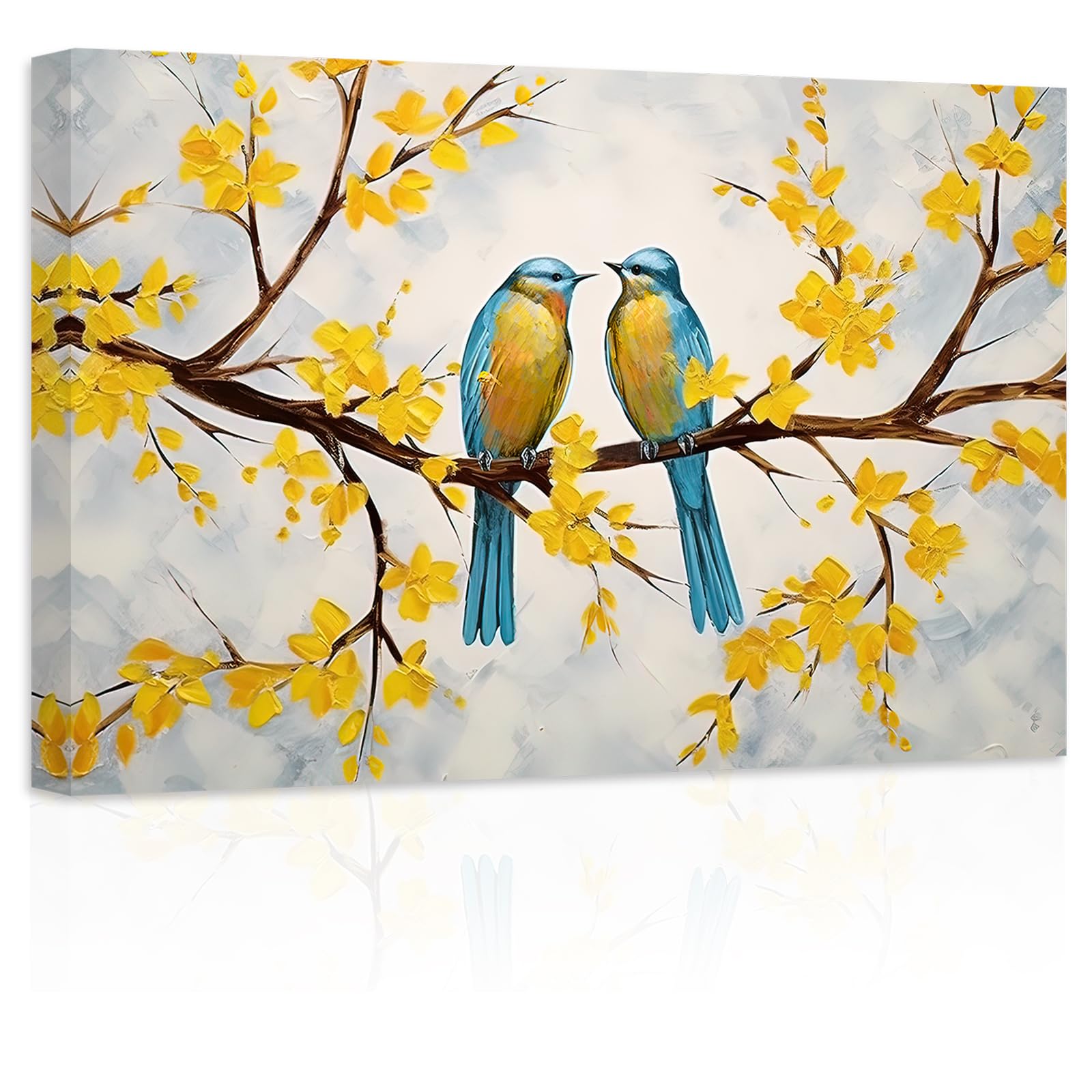 ZXHYWYM Love Birds Canvas Wall Art Two Couple Birds on Branch Yellow Flower Tree Painting Prints Romantic Pictures Home Decor for Bedroom Framed(1, (