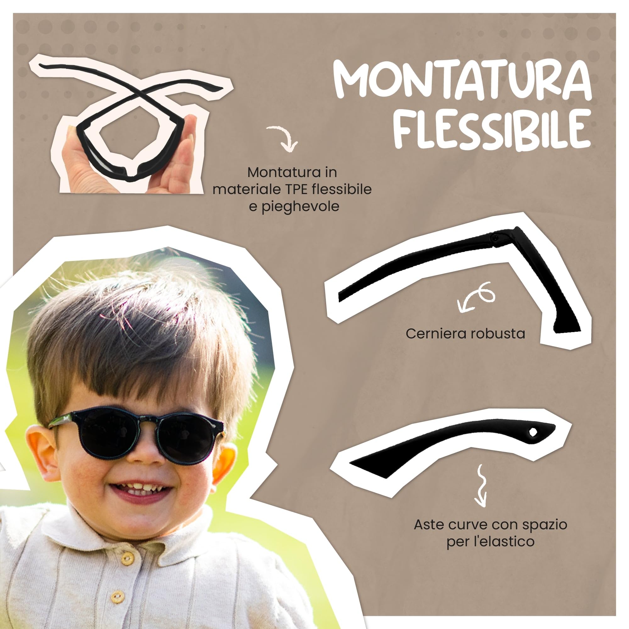 Occhiali da Sole per Bambina, 1-3 Anni, Protezione Polarizzata UV400, Montatura Flessibile e Pieghevole, Cinturino Elastico Regolabile, Occhiali da Sole Sicuri e Comodi per Bambino, Bowi
