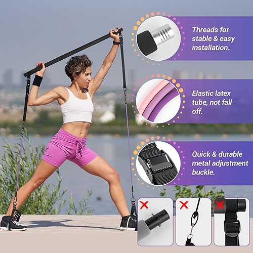 Miniatura 2 de Pilates Bar Kit for Women, 3-Section Screw Portable Pilates Bar with Metal Adjustable Buckle, Resistance Bands with Durable Carabiner,