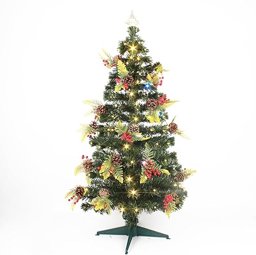 Miniatura 2 de Árbol de Navidad falso de fibra óptica preiluminado de 5 pies con 184 luces LED, 180 puntas de rama, 26 juegos de piñas y bayas rojas, 8 modos de