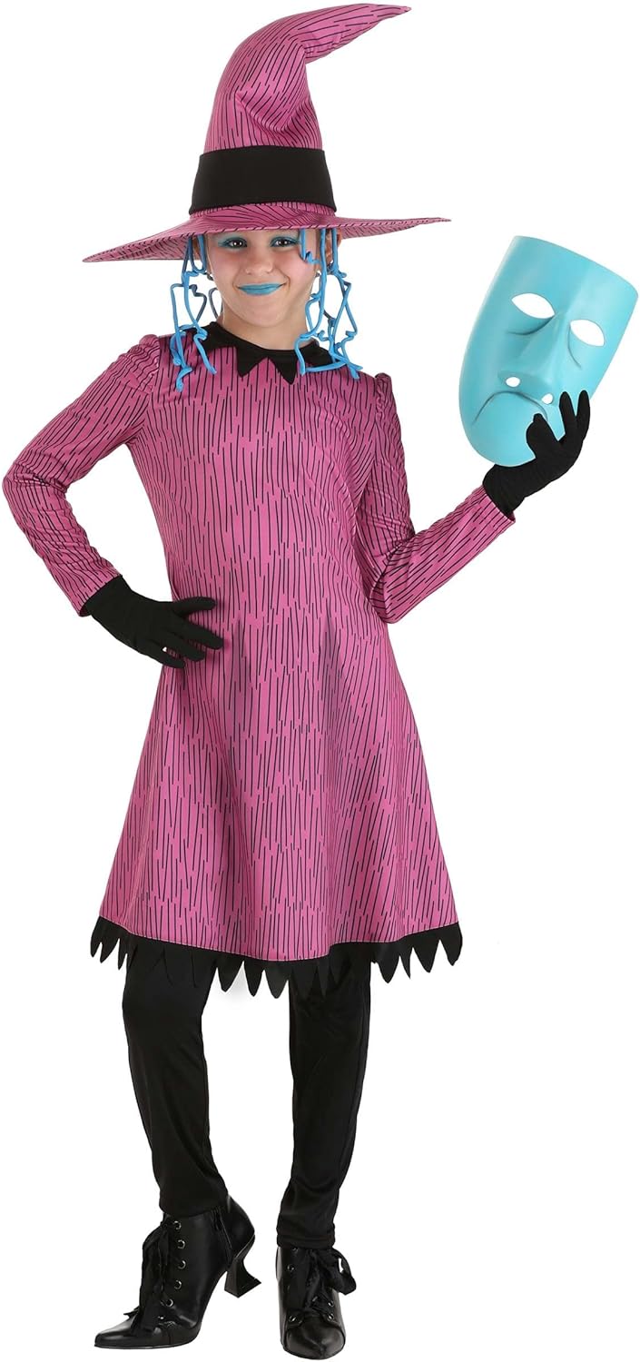 Kids Shock Costume | Youth Disney Nightmare Before Christmas Girls Dress, Leggings, Hat with Attached Hair & Mask