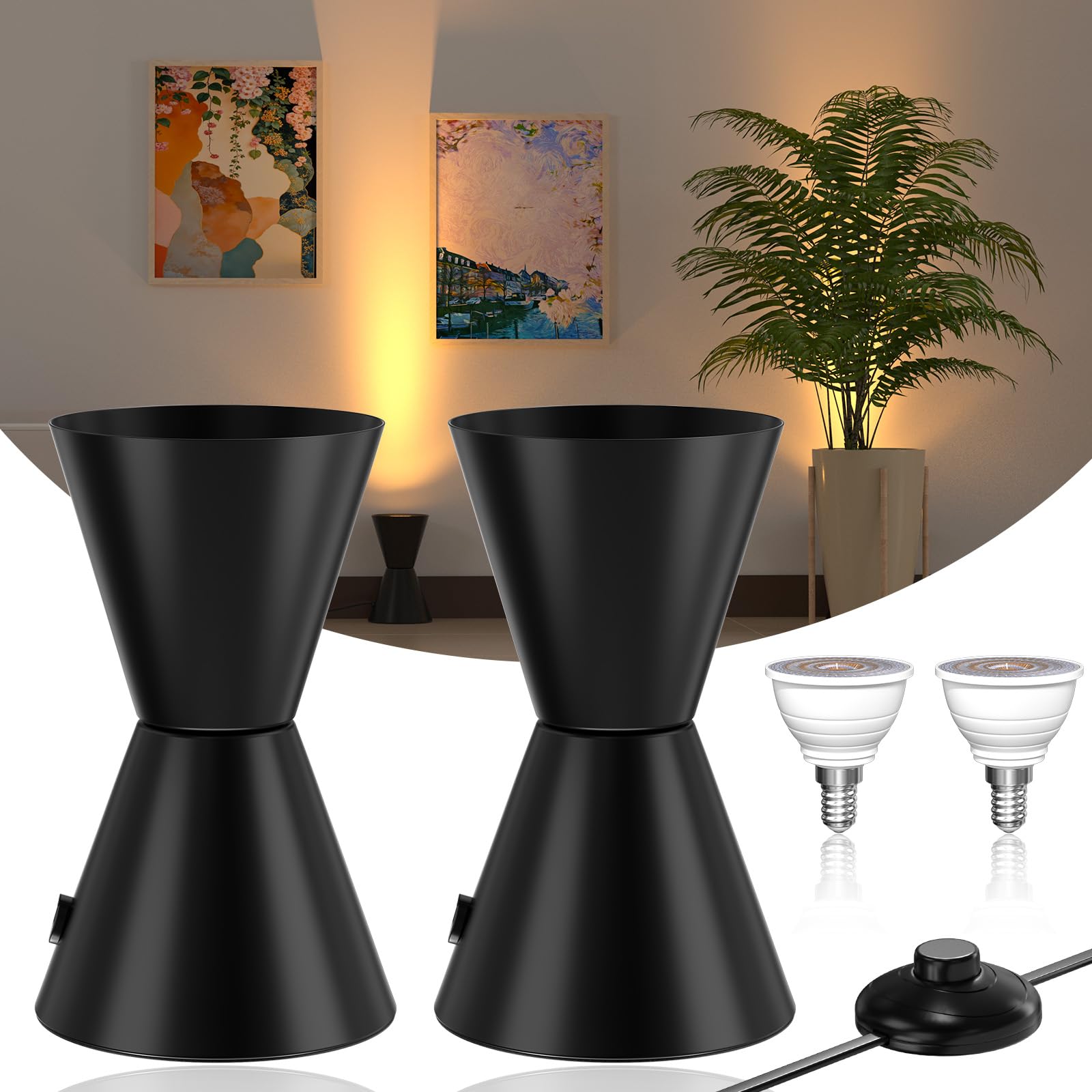 LED Floor Uplighter Uplighting Spotlight 6W, 3000K Warm White LED E14 Bulbs, Uplights Indoor Floor Can Light with Foot Switch, Floor Spot Lights Indoor for Living Room Picture Artwork Plants, 2-Pack
