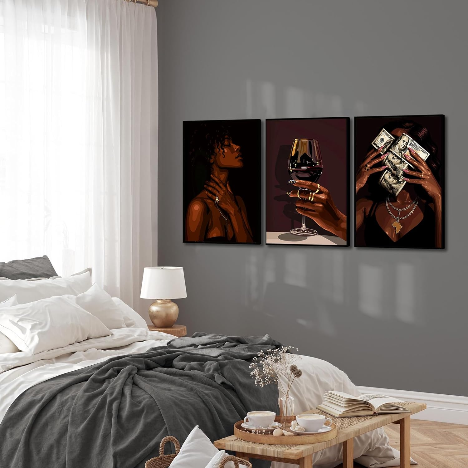 EKZSMQY Black Woman Wall Art African American Women Prints Painting Fashion Black Girl Poster Trendy African Girl Painting Wall Decor for Living Room Bedroom Bathroom Unframed 16x24 Inch Set of 3