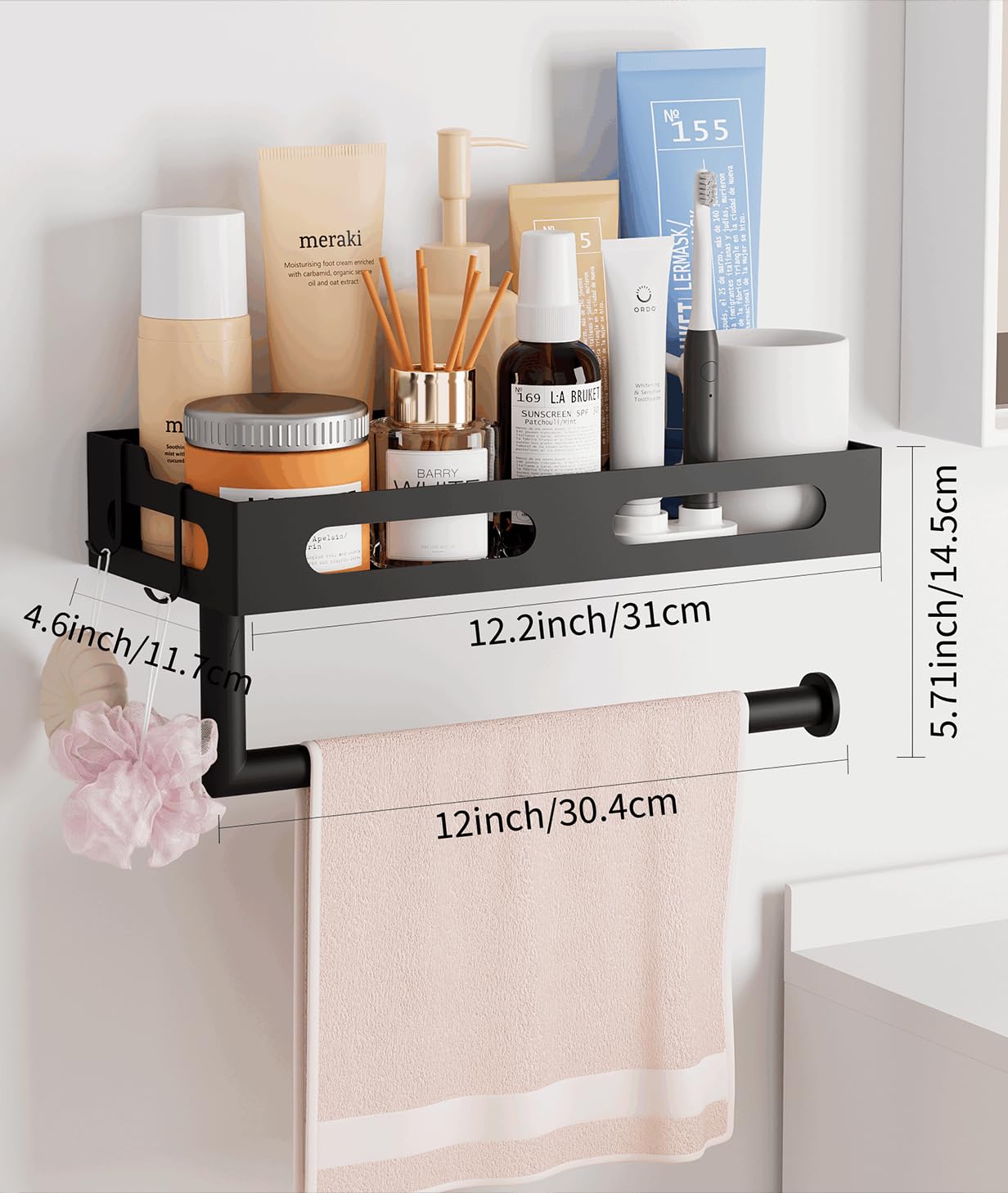 Paper Towel Holder Wall Mount for Kitchen, One-Handed Tear, Bathroom Paper Towel Holder with Shelf, Spice Rack & RV Paper Towel Rack, Paper Roll Holder 4 Hooks Matte Black