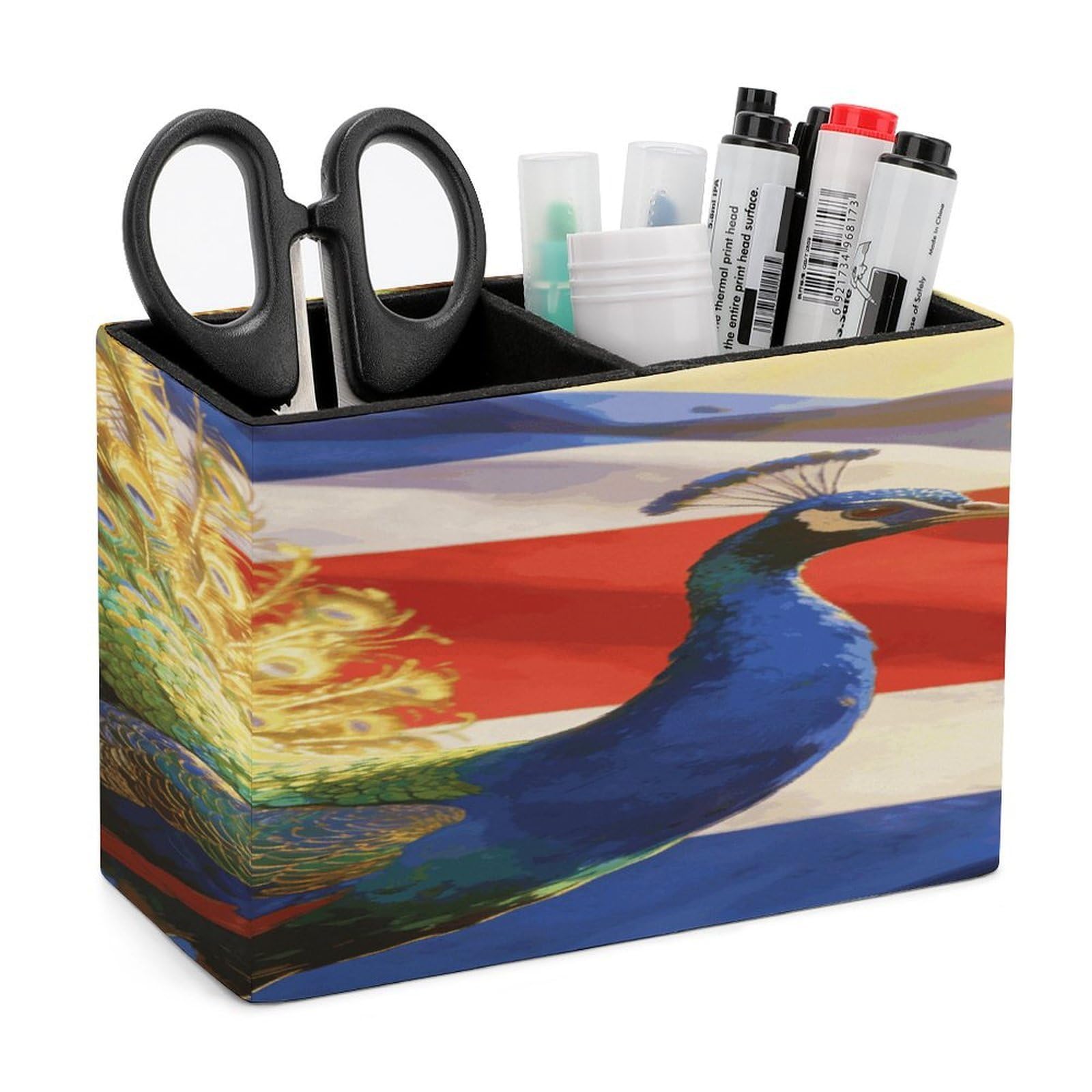 LZQPOEAS Colorful Peacock And National Flag Pen Holder Double Compartments Pen Cup Makeup Brush Holders Leather Pencil Holder Locker Organizer for Work Locker Accessories Modern Pencil Cup for Desk