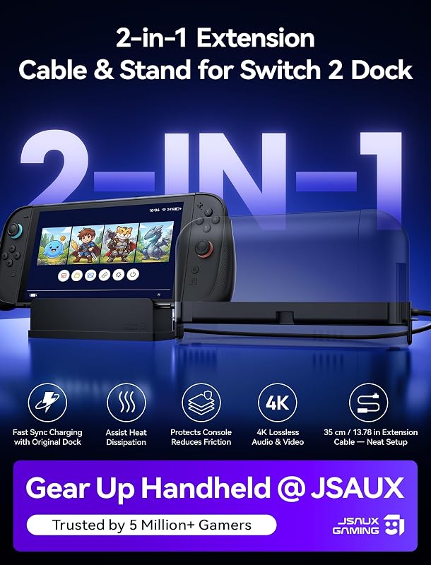 Cablu prelungitor USB-C JSAUX cu suport pentru dock Switch 2, 35 cm, încărcare rapidă și video 4K, funcționalitate 1:1 a dock-ului, răcire suplimentară, compatibil cu huse groase