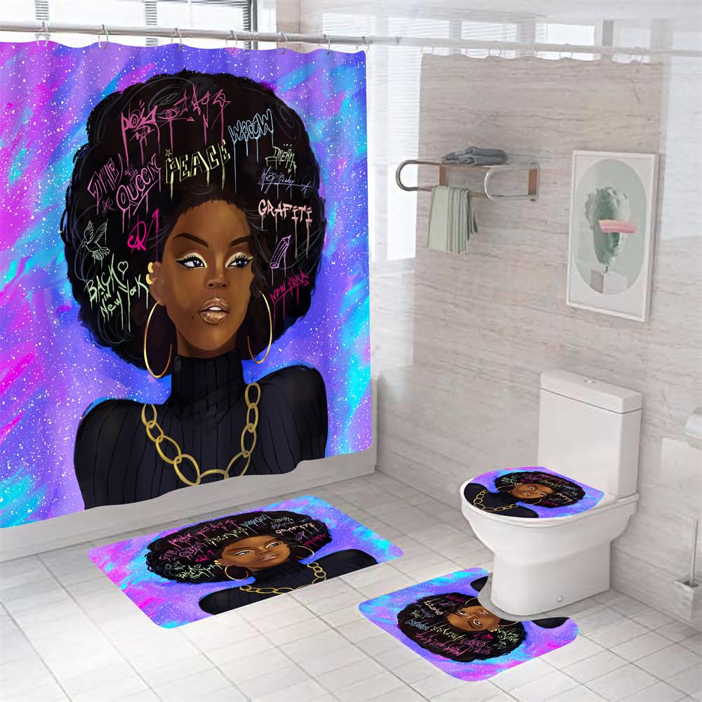 Alfombra Baño Mujer Negra Púrpura Juego De 4 Alfombras De Baño Lavable,Alfombra Baño Secado Rapido - Alfombra De Baño*1+Tapa del Inodoro*1+ Alfombra*1 Tipo U+Cortinas De Baño180X180 45X75Cm