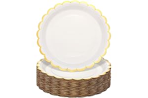 White Scalloped Paper Plates with Gold Foil