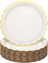 Maxcheck 50 Pcs White Scalloped Paper Plates with Gold Foil 9 Inches Disposable Paper Party Plates for Cake Dessert Birthday Baby Shower Wedding Tea Party Supplies