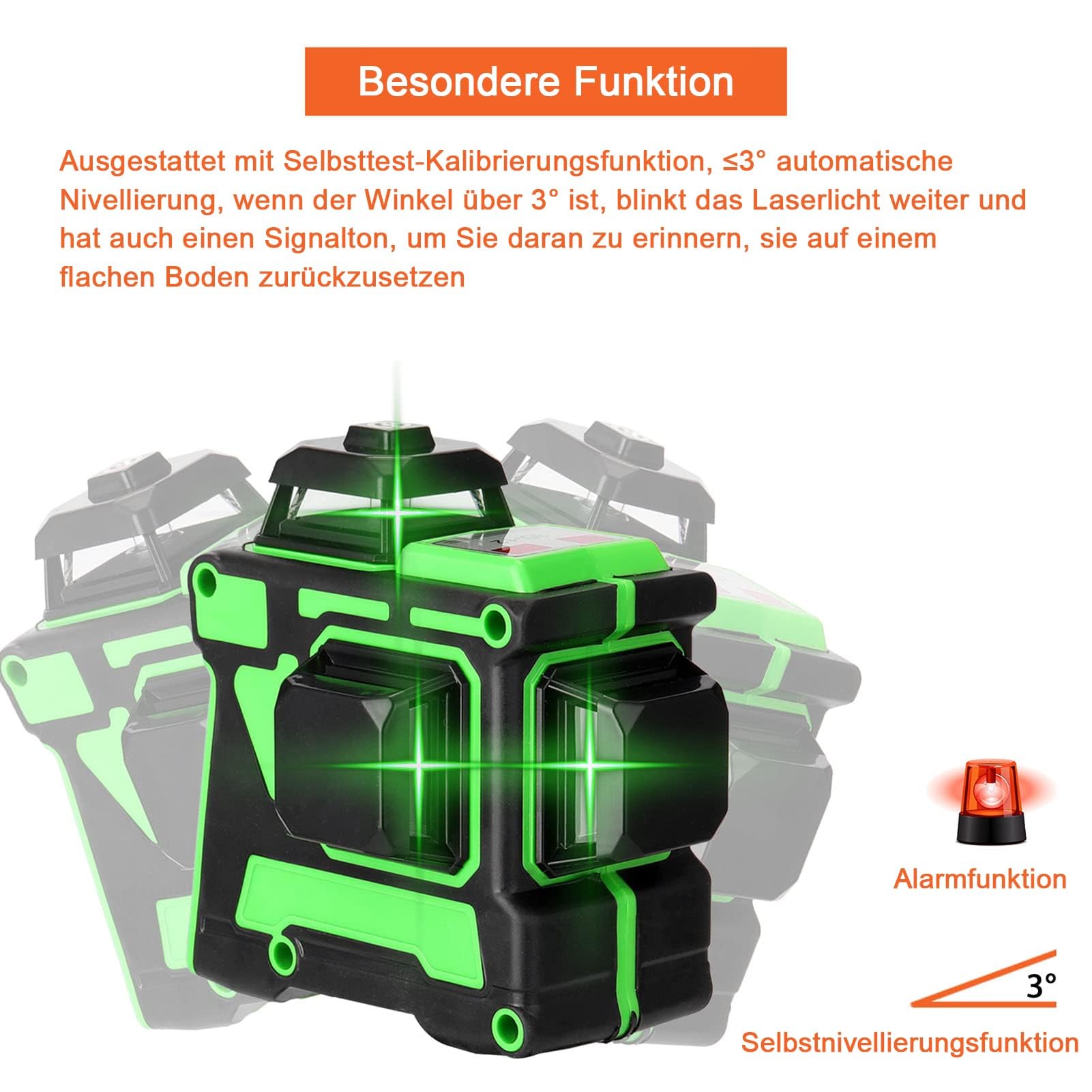 Nivel Laser Autonivelante (± 3°) Verde Geevorks 3D 12 Líneas Nivelador Cruzada Profesional 3x360 360 Grados Horizontales Verticales, 1 batería