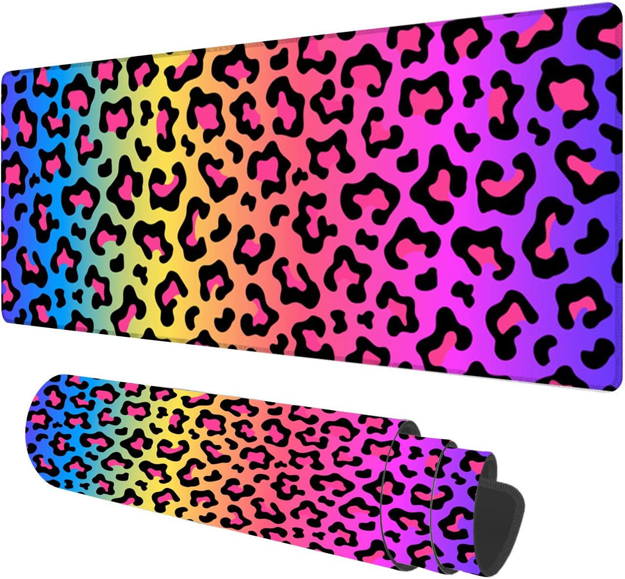 Large Mouse Pad,Neon Rainbow Leopard Print Large XL Desk Mat Extended Waterproof Mouse Mat with Stitched Edges and Non-Slip Base for Office Gaming Home 31.5 X 11.8 Inch