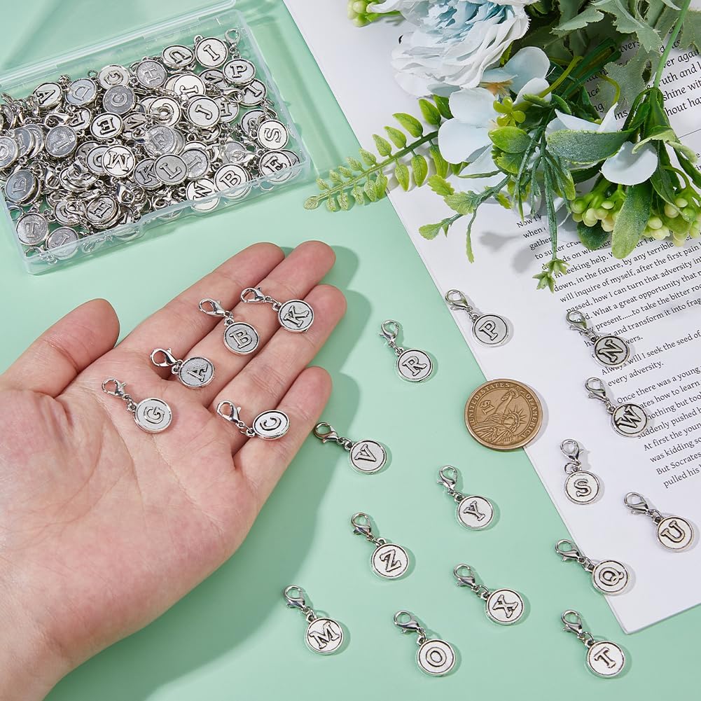 SUPERFINDINGS 104Pcs 26 Letter Charms Clip On Charm Zipper Pulls Charms Alloy A to Z Alphabet Charm with Lobster Clasp Letter Antique Silver Decorations for Keychain Purse Backpack Ornament - Image 3