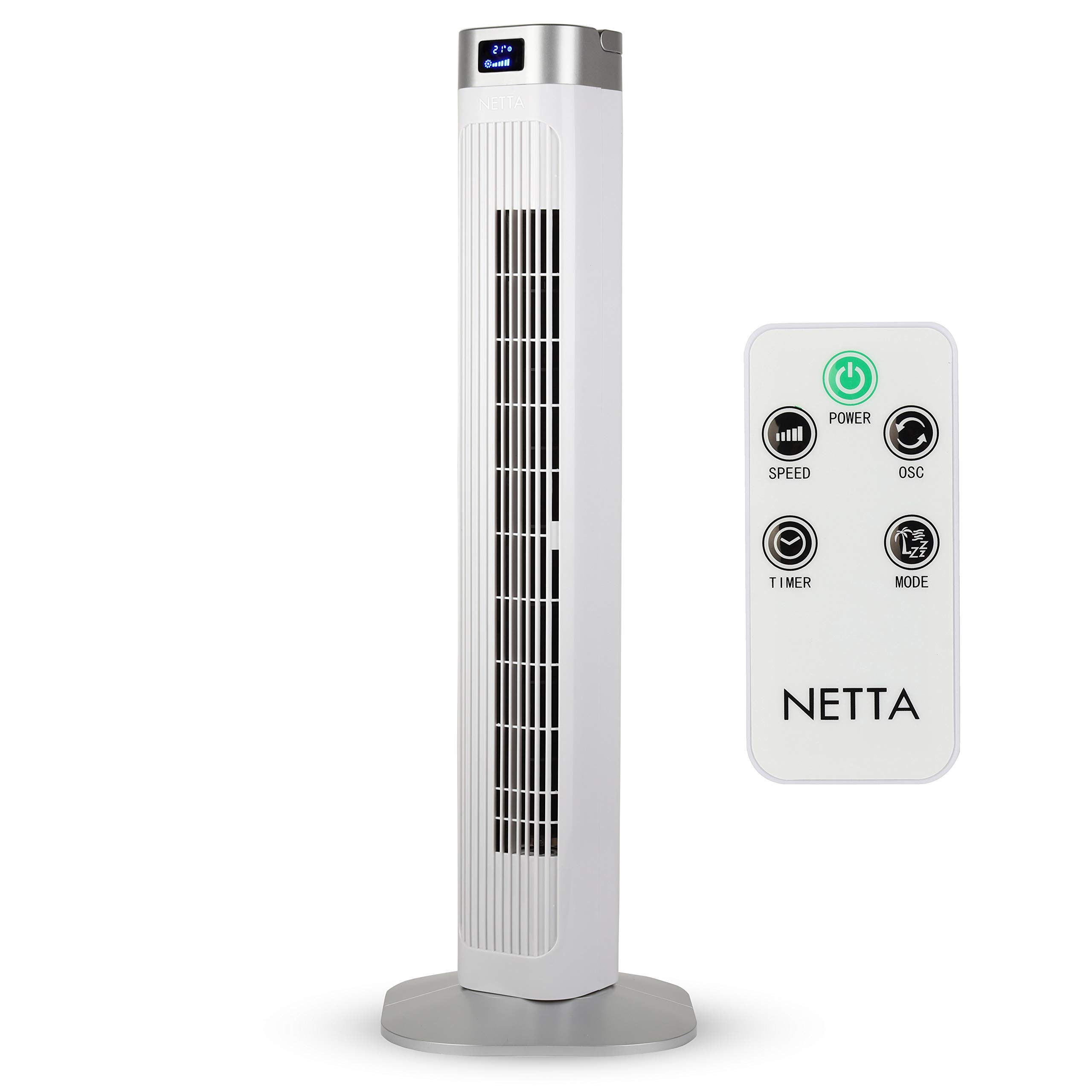 NETTA - White Tower Fan with remote control, Oscillating Pedestal Fan, 36" height, 3 speed settings, 1-12 h timer, 3 operating modes, 60° oscillating, Cooling Quiet, 1.8M cable.