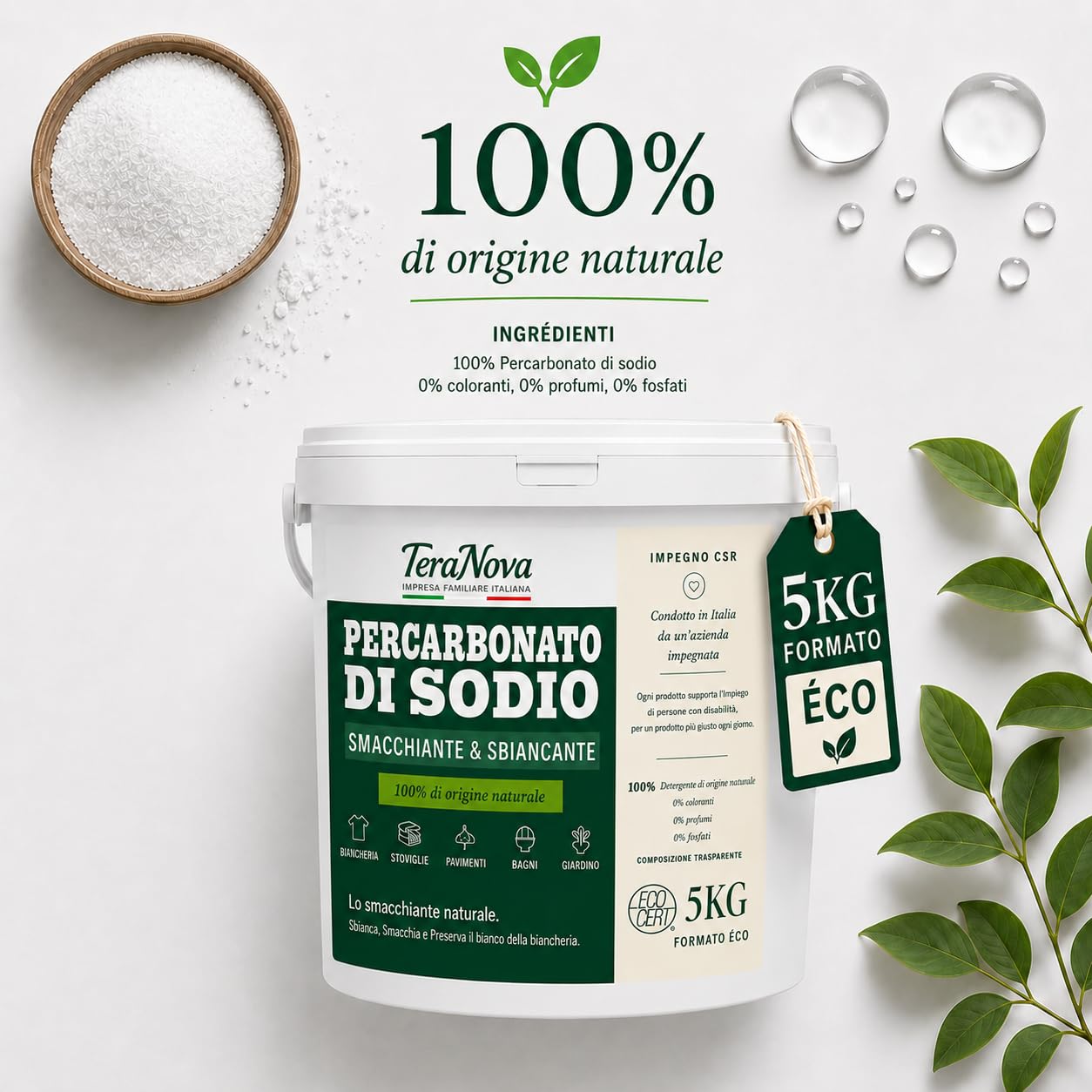 Percarbonato di Sodio 5 kg – Smacchiatore e Sbiancante Naturale ECOCERT – 100% Puro senza Additivi – Oltre 600 Lavaggi – Ossigeno Attivo – Dosatore Incluso