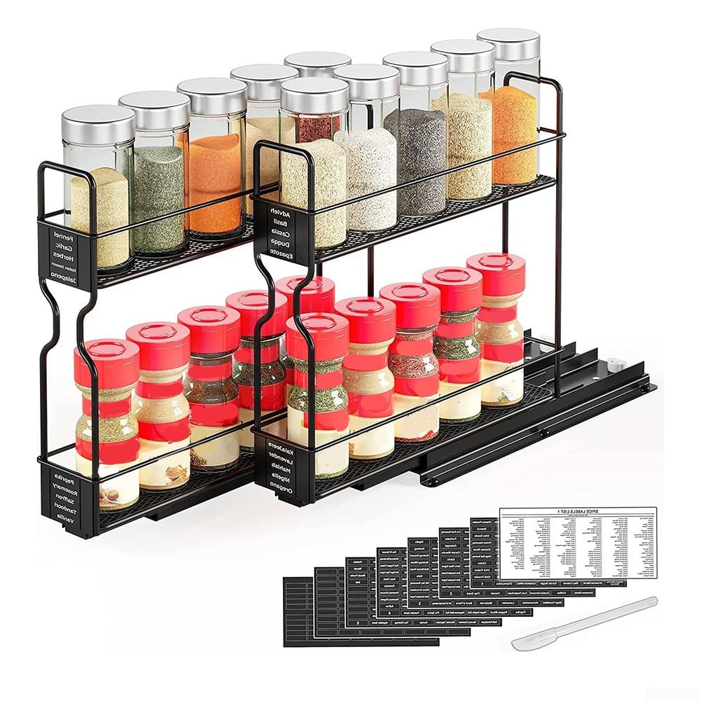 Estante para especias, estante de especias para estufa de cocina, organizador de estante de metal de 2 niveles sin instalación de taladro, ahorra espacio en la encimera, sostiene tarros de condimentos