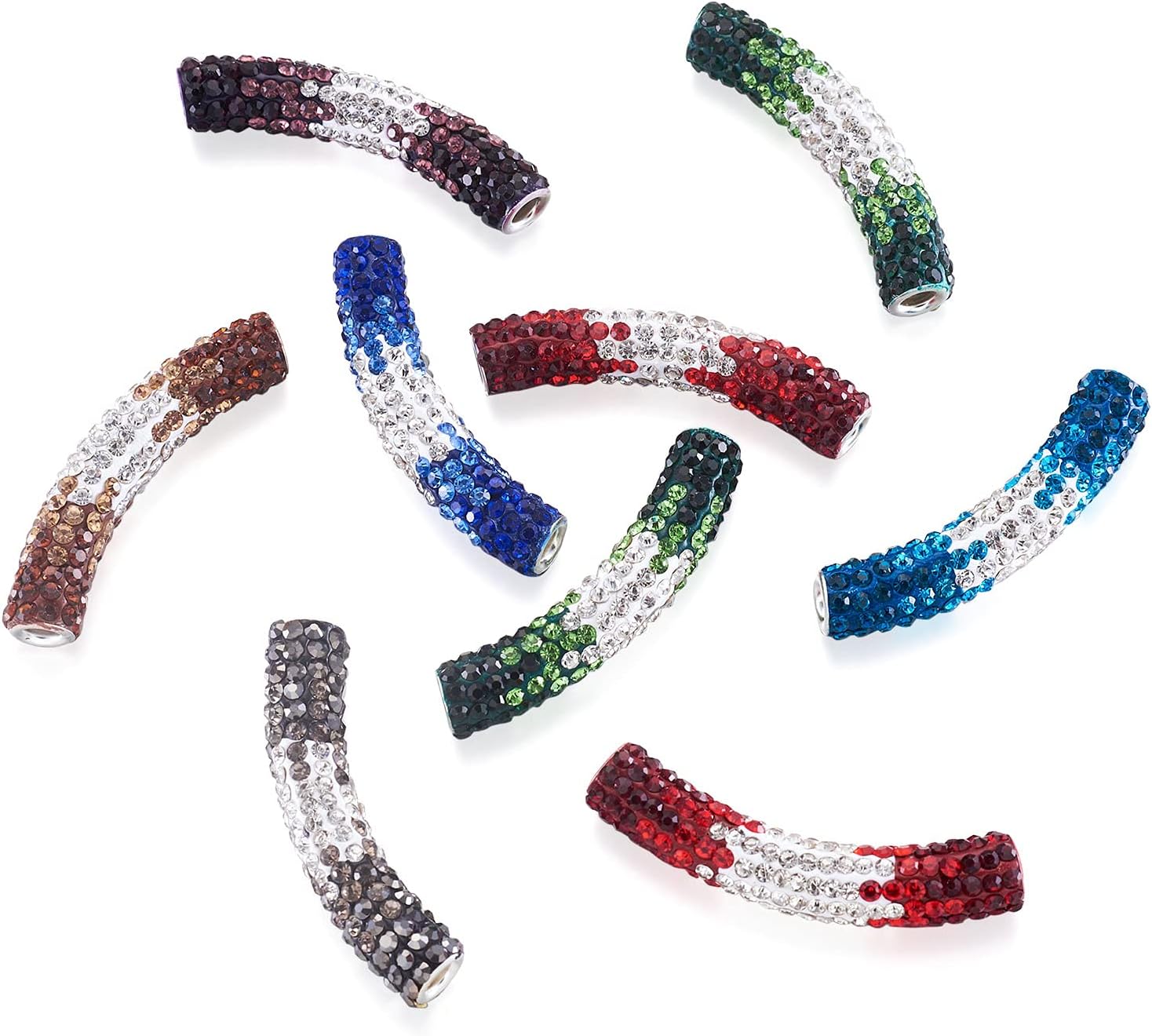 Craftdady 20pcs Pave Clay Rhinestone Curved Tube Beads 47mm Mixed Colors Large Hole Long Tube Polymer Clay Spacer Beads for Jewelry Making Hole: 4mm