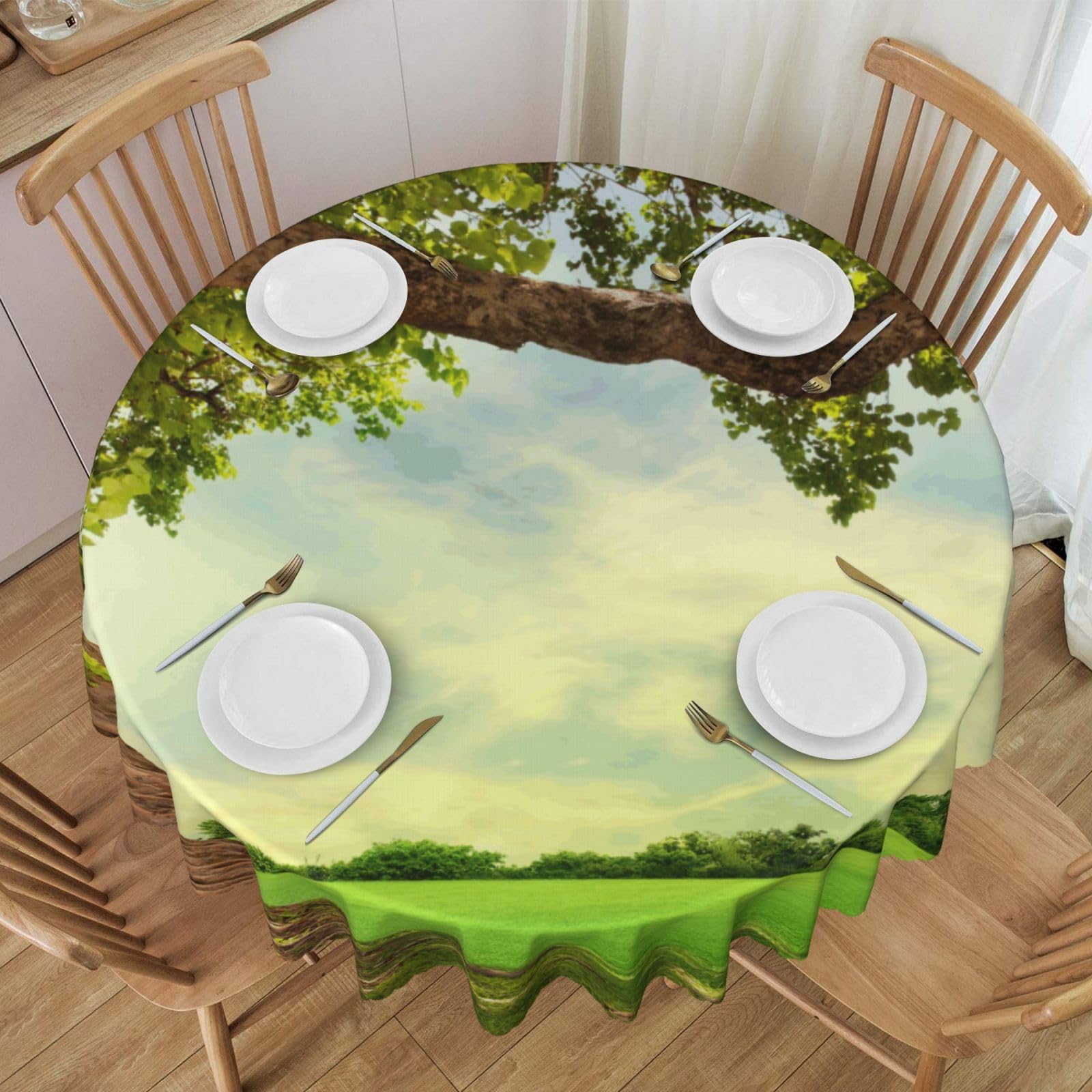 DCEHGEW 60 In Round Tablecloth with Lace, Tree with Branch Scenery Printed Oilproof & Washable Fabric Picnic Table Cloth Table Covers