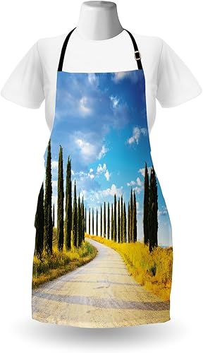 Miniatura 2 de Italiano delantal por Ambesonne, visión de tierra Carretera Camino Entre árboles Fila en mediterráneo histórico cultura, unisex delantal con cuello
