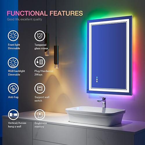 Miniatura 5 de Espejo de baño LED RGB de 30 x 36 pulgadas con luces, espejo LED RGB retroiluminado que cambia de color para baño, espejos de tocador iluminados