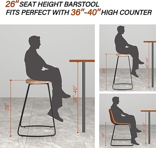 Miniatura 2 de HeuGah Bar Stools, Solid Wood Barstools Set of 2, 26" Counter Height Bar Stools with Metal Leg,Rustic Backless Bar Stools for Kitchen Island,Bar