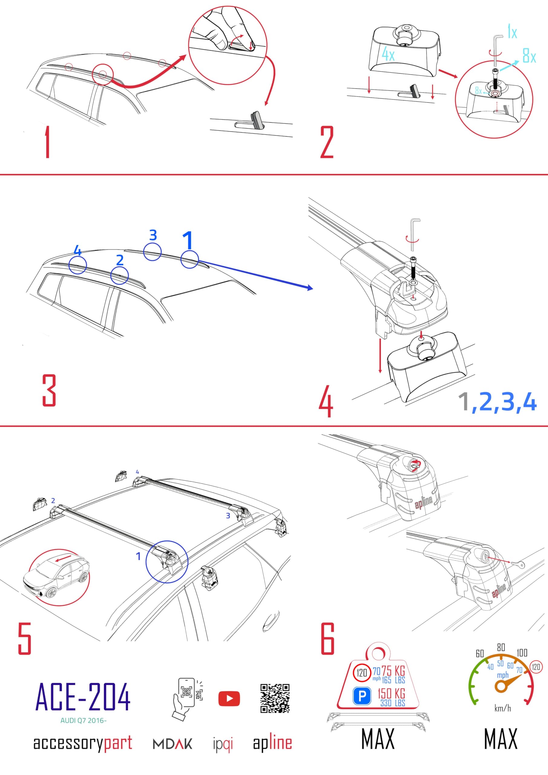 Kompatibel mit Audi Q7 (4M) 2015-2026 ACE-2 Typ Relingträger Dachträger Auto Gepäckträger Grau Aluminium Barren
