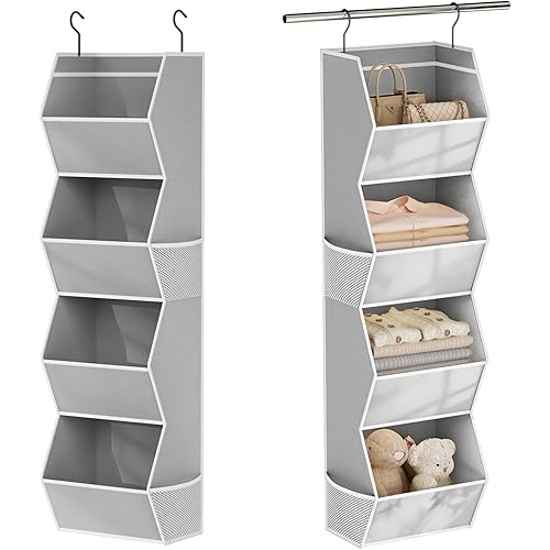 Hanging Closet Organizer 4 Shelf Collapsible Bedroom Closet Organizers and Storage Hanging with Mesh Pockets for Clothes, Fabric Hanging Storage Bins for Wardrobe Closet Organization and Storage, Grey