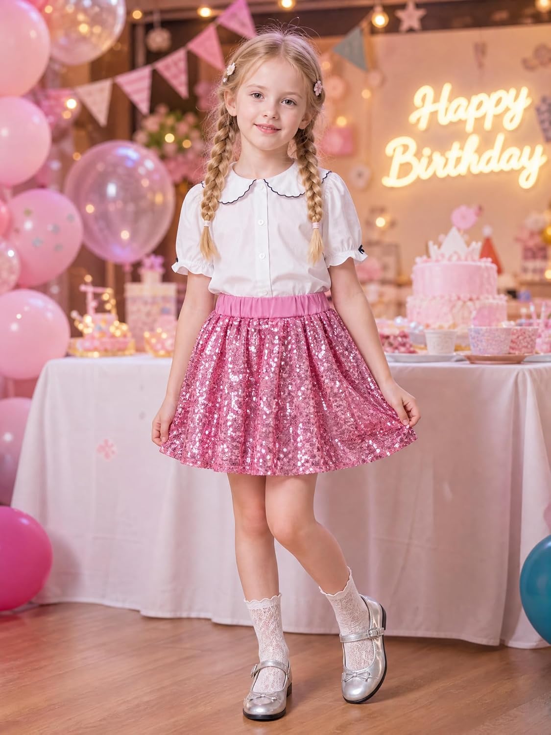 5-16Y Girls Sequin Skirt Sparkly A-Line Tutu Skirt Elastic High Waist Party Skirt for Birthday Performance Daily Wear