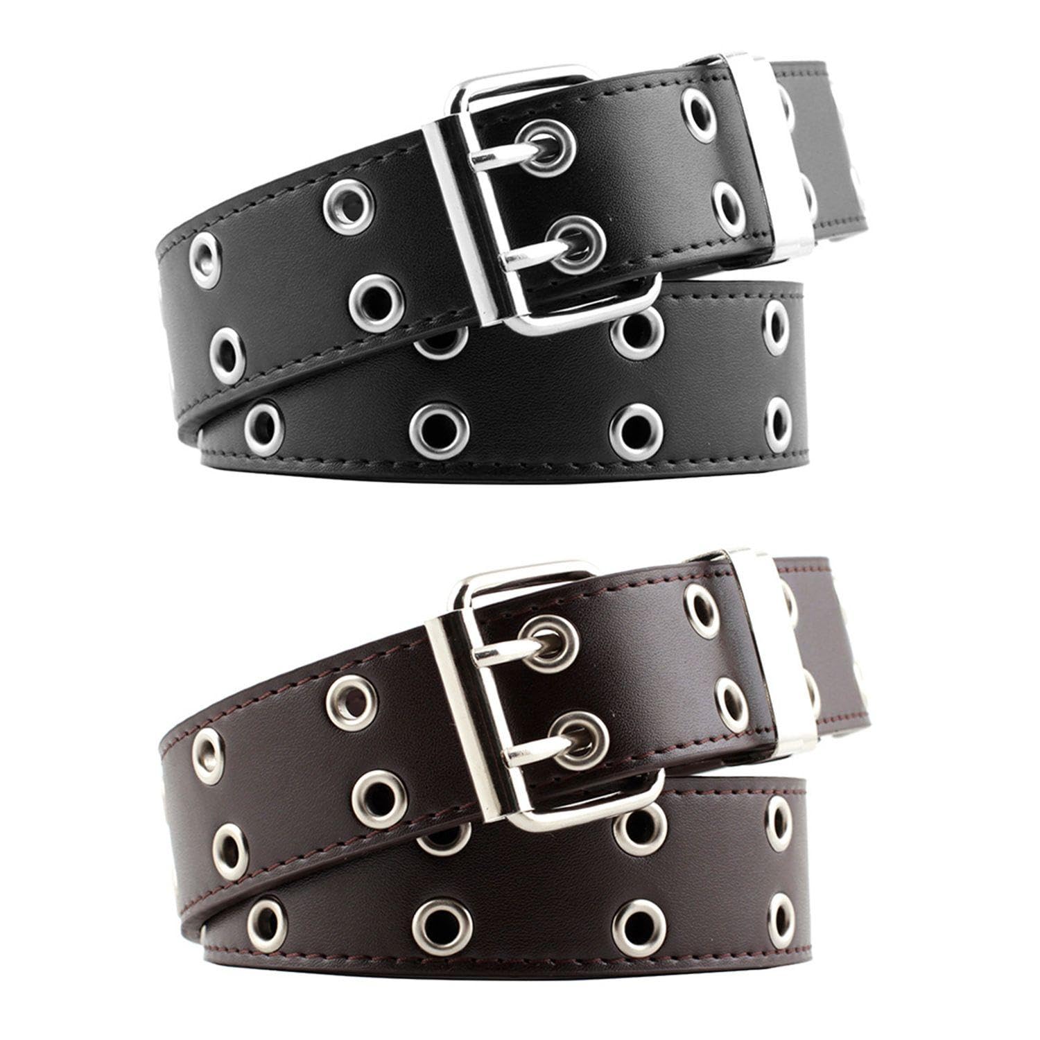 Memofynd Unisex Black 2 Pieces Of Belts, Simple And Fashionable Belts, Double Row Eyelet Belts, Punk Belts, Personalized Belts, Waistband Accessories