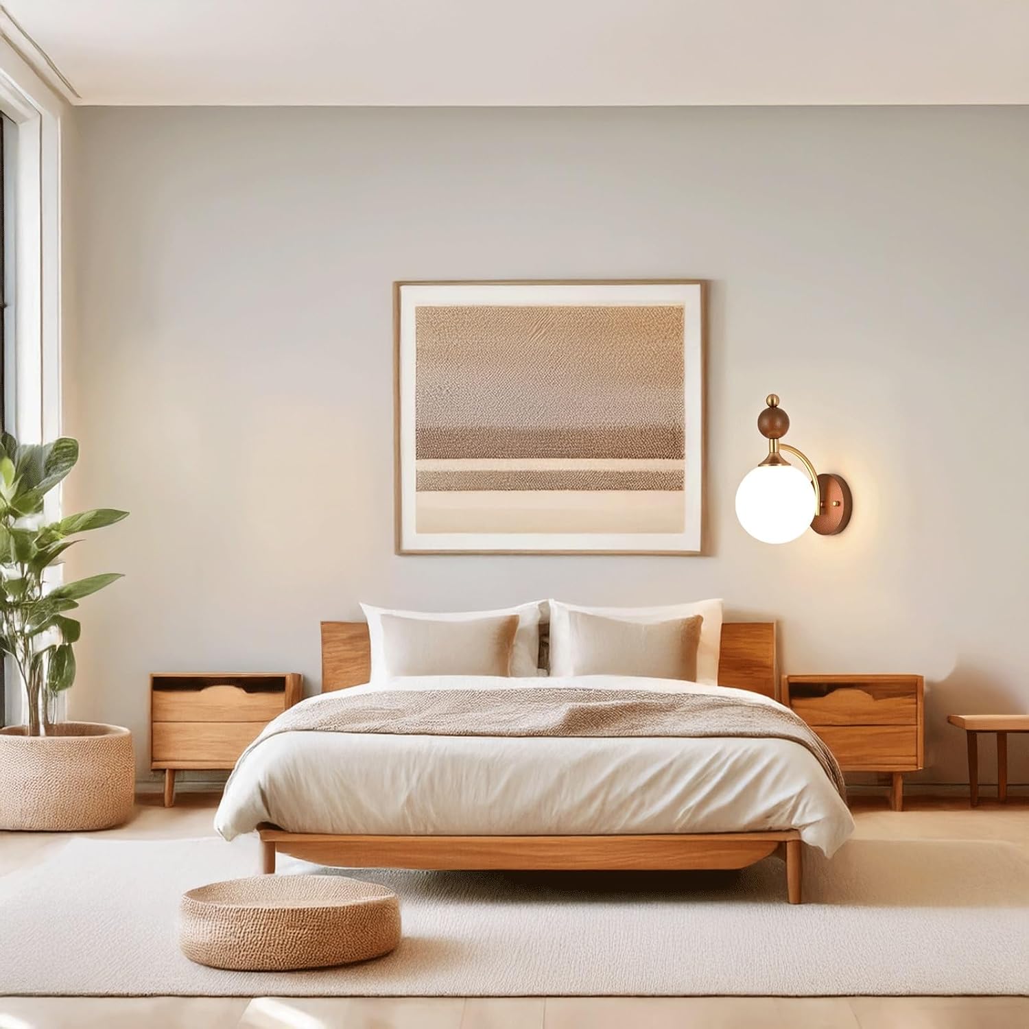 Wall Sconce Modern Minimalist Classic Iron Wood Glass Globe Wall Light Hardwired Indoor Ambient Decorative Light Wall Lamp for Bedroom Bedside Study Living Room Restaurant Wall Mounted Light