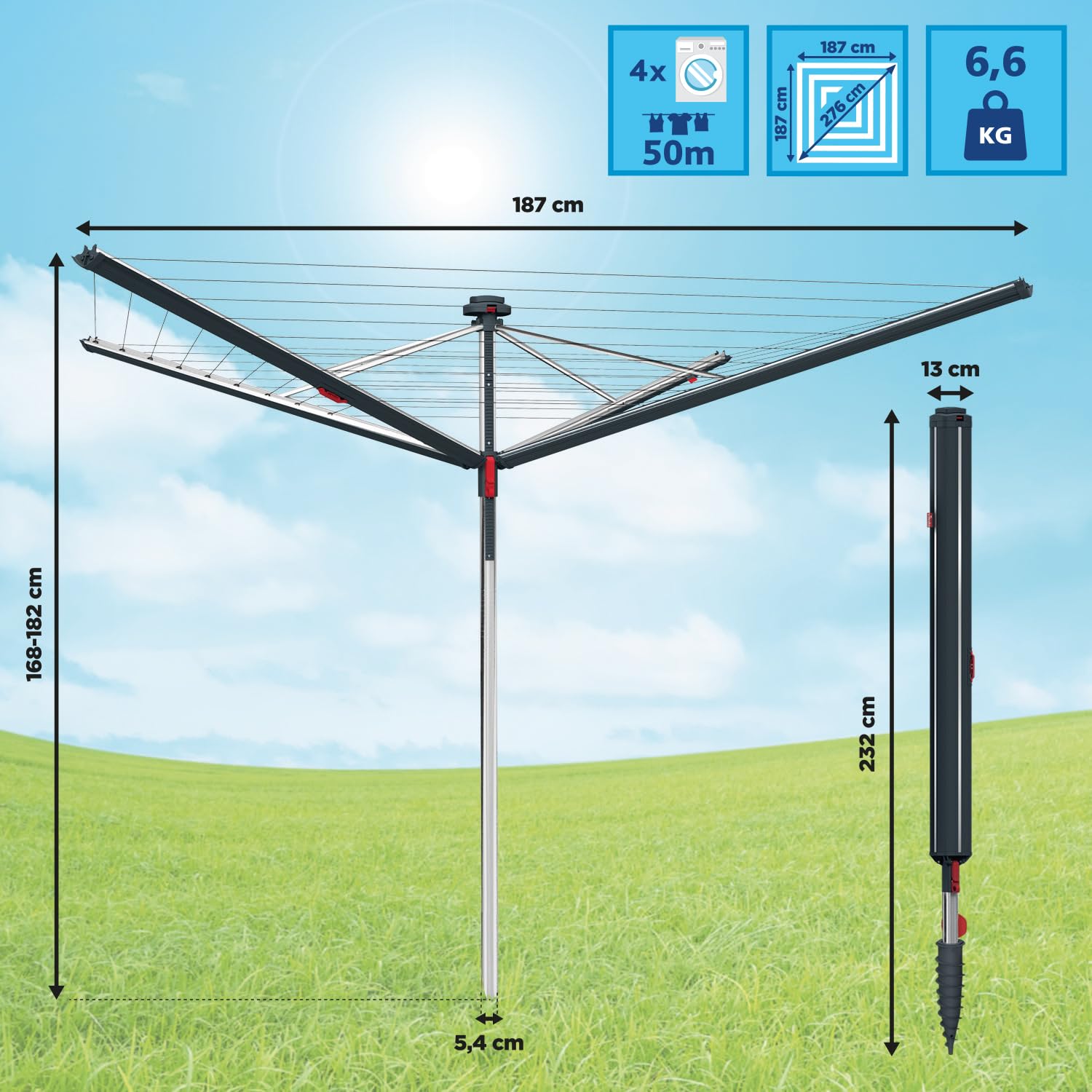 Vileda Sun-Rise Premium Wäschespinne -50 m Leinenlänge|Kompakte & stabile Wäschespinne für Garten & Terrasse|Patentiertes Spannsystem, wetterfest & platzsparend, Höhe 1,67–1,82 m | Comfort-Pack
