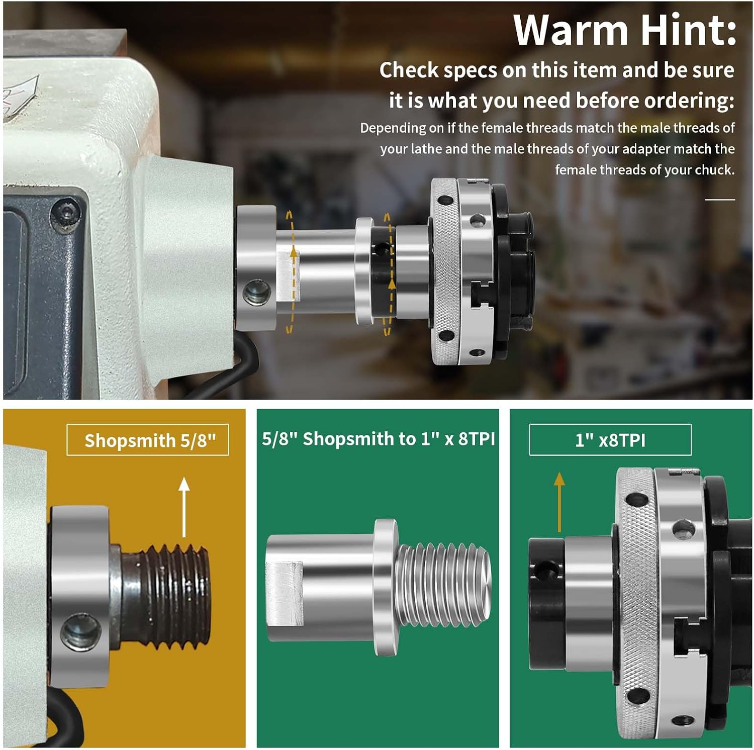 Lathe Headstock Spindle Adapter,Converts 5/8" Shopsmith to 1" x 8TPI | for Woodworking Lathe