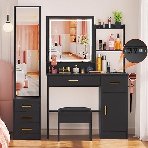 Miniatura 10 de Greenvelly Escritorio de maquillaje blanco con espejo, maquillaje de madera con 3 modos de iluminación, 2 cajones espaciosos y 6 compartimentos de