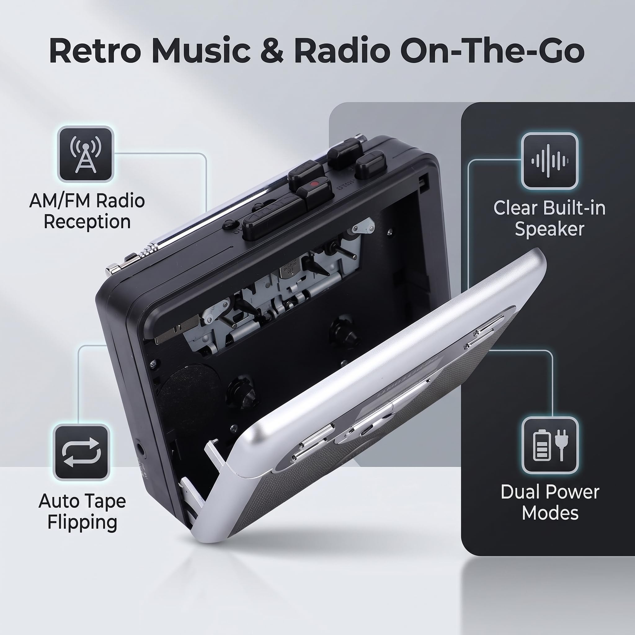 Luocute Odtwarzacz Kasetowy, Radio AM FM, Retro Odtwarzacz Kasetowy, Magnetofon z funkcją Szybkiego Przewijania do Przodu, Automatycznym Odtwarzaniem w Pętli do Tyłu, Wbudowany Głośnik
