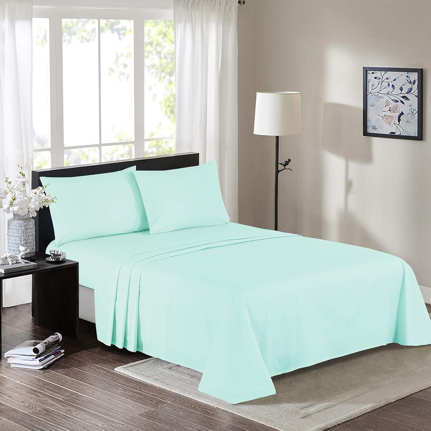 Queen Percale Bed Sheets, 200 Thread Count Cotton Polyester Blend Sheet,Wrinkle Free,Breathable,Crisp Refreshing Feeling, 60 Cotton 40 Polyester Cotton Rich Sheets 4 PC(Sea Foam Green,Queen)