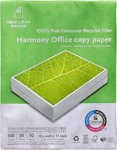 ROARING SPRING New Leaf Paper - Papel de impresora 100% reciclado, papel de copia multiusos Harmony de 20 libras, 500 hojas, certificado HP