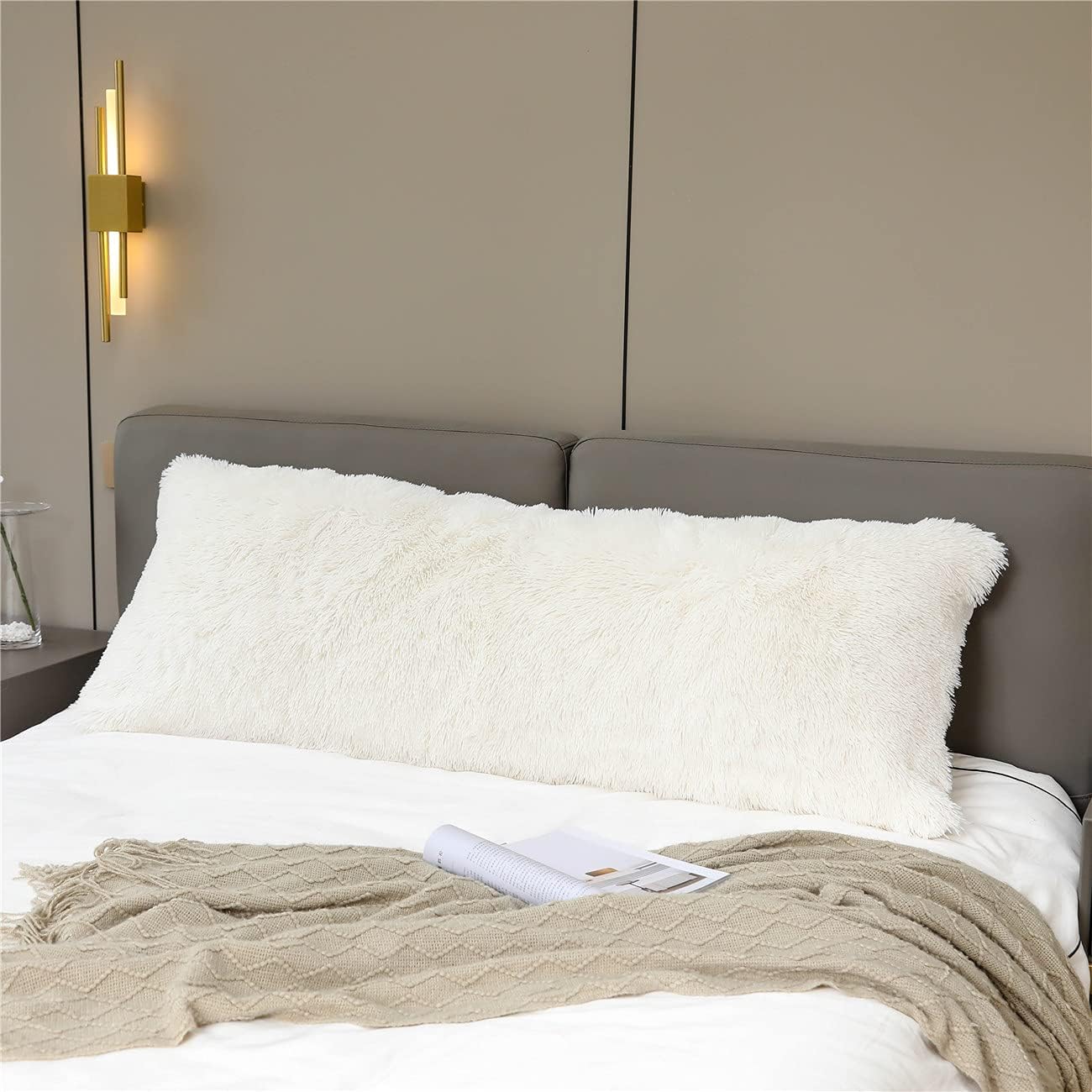 Solid Plush Body Pillow Pillowcase Super Soft Fluffy Faux Fur Shaggy Body Pillow Cases/Covers Decorative Throw Pillow Shams with Zipper Closure (Body-Pillowcase Only, Cream White)’