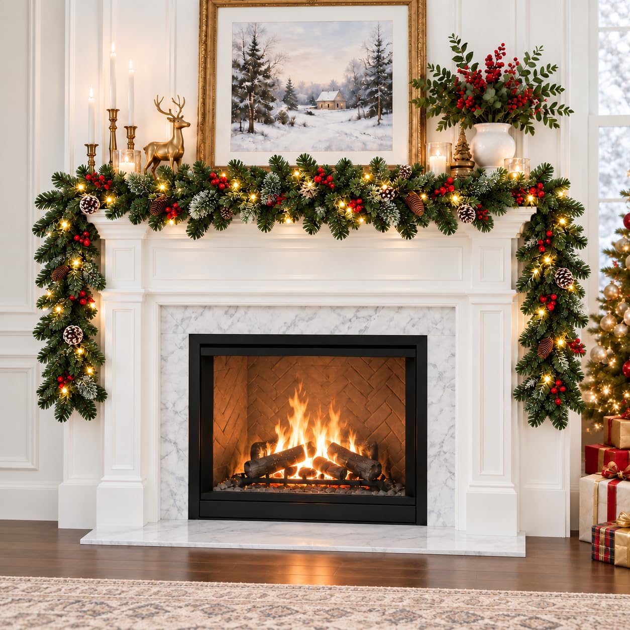 9FT Christmas Garland with Lights, Pre-Lit Lighted Christmas Decorations for Mantle Fireplace Table Stairs,Winter Indoor Outdoor Xmas Home Decor,Realistic Cedar Pine Garlands with Pinecone Berries