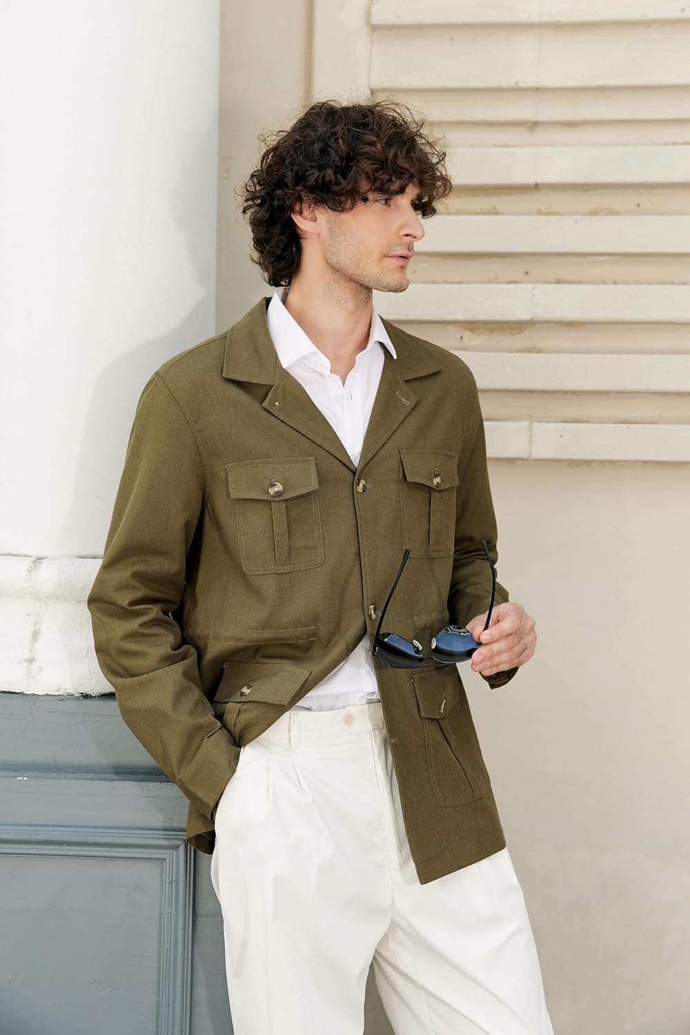 Betusline Men's Safari Linen Jacket Casual Long Sleeve Military Lightweight Cargo Jacket with Pockets