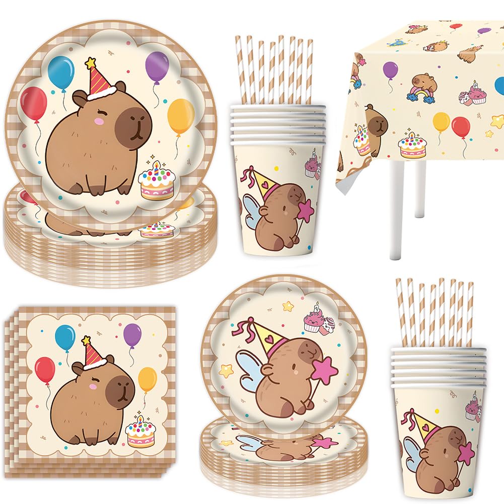 Capybara Party Tableware Set Capybara Table Decoration Set for 10 Guests Capybaras Themed Plates Napkins Paper Cups Straws Tablecloth Ideal for Themed Parties,Birthdays & Gatherings