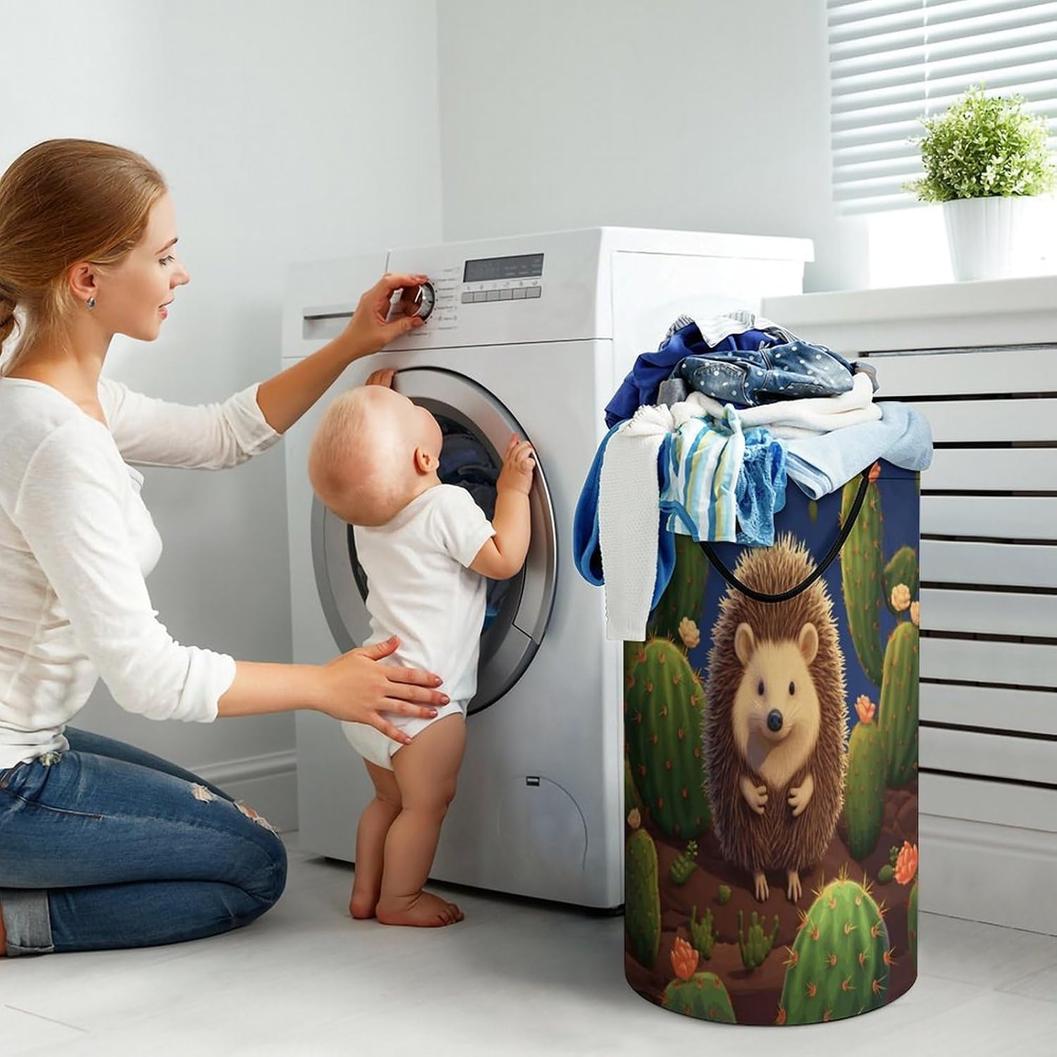 Large Laundry Basket Collapsible Dirty Clothes Basket with Carry Handles Portable Waterproof Freestanding Hedgehog Cactus Laundry Hamper for Bathroom Bedroom Laundryroom Dorms 86L