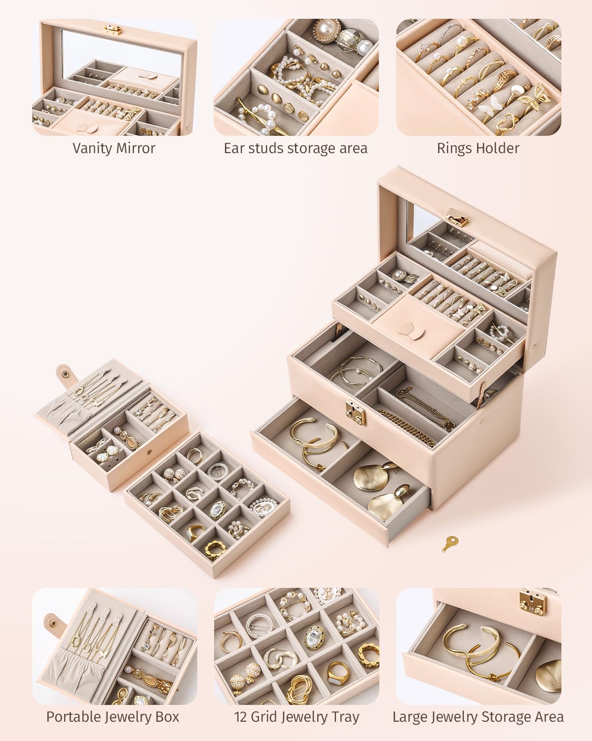 CASEGRACE Schmuck-Organizer-Box, 3-lagig, Leder, Schmuck-Aufbewahrungsbox mit tragbarem Schmucketui, herausnehmbares Schmucktablett, Aufbewahrung für Zuhause und Reisen, Geschenk für Frauen (Rosa)