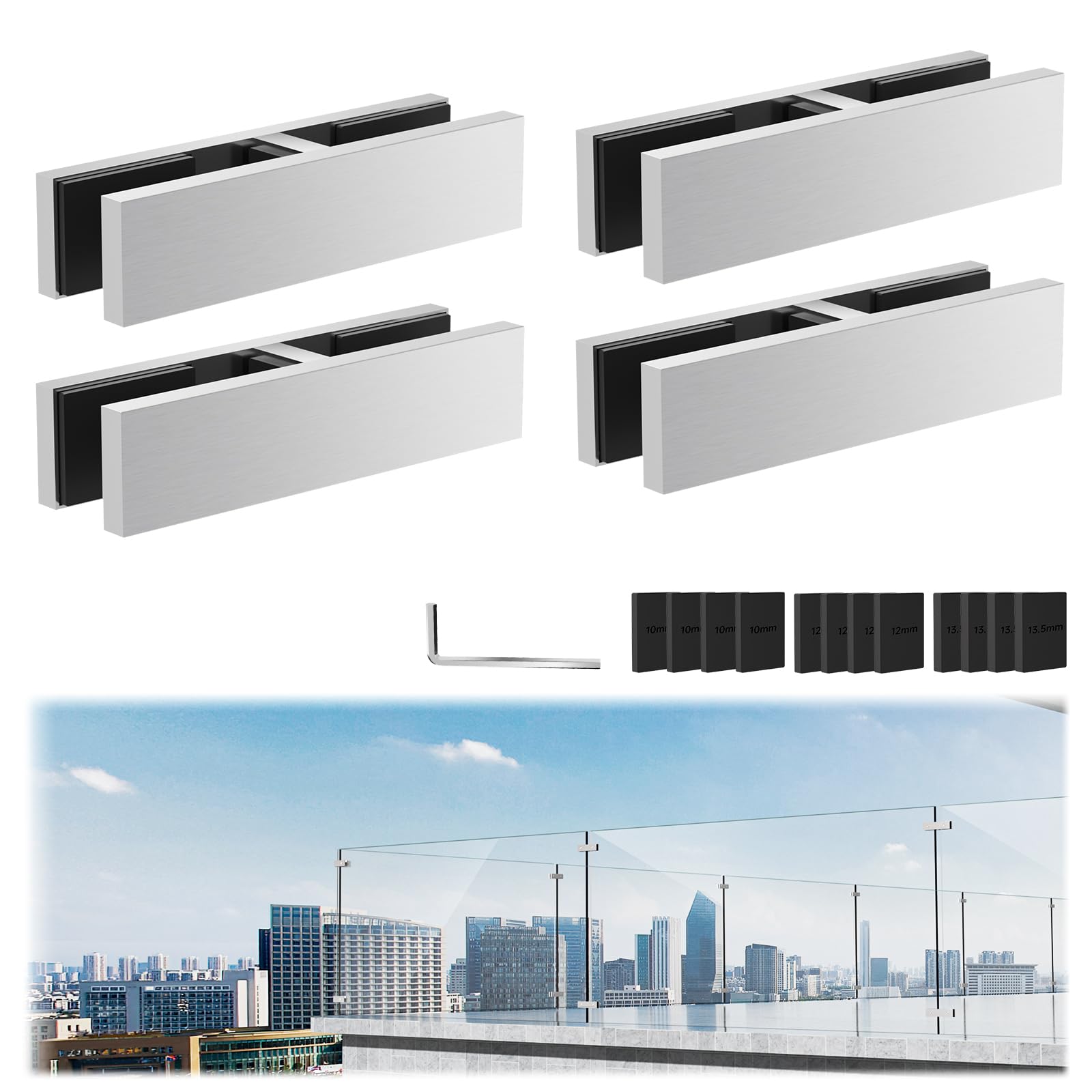 4 Pack Railing Glass to Glass Clamp, 180 Degree Stainless Steel 304 Bracket for Balustrade, Double Sided Railing Clip Holder Stabilizer with Rubber Gaskets For Fence, Balcony Deck