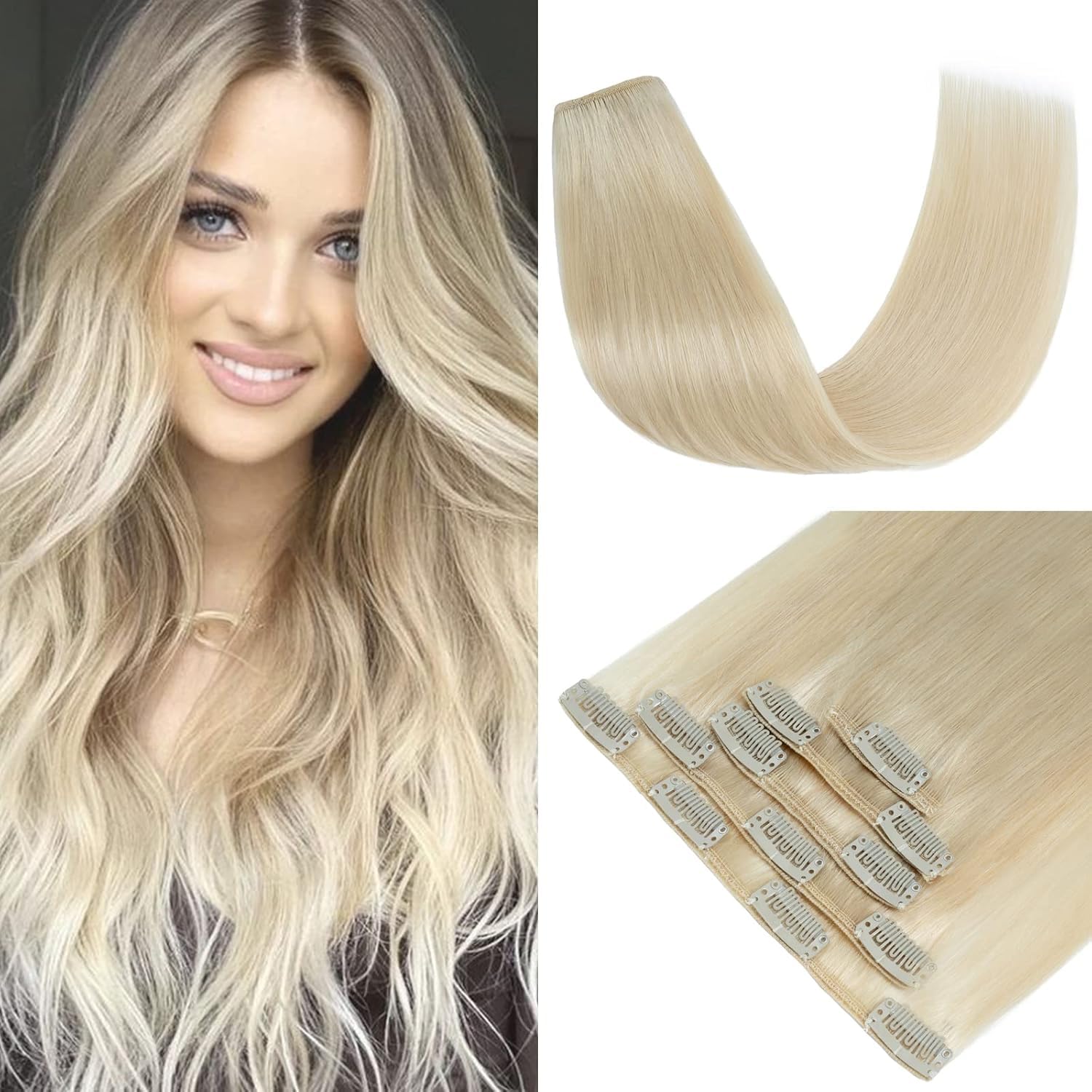 S-noilite Clip in Hair Extensions Real Human Hair Platinum Blonde