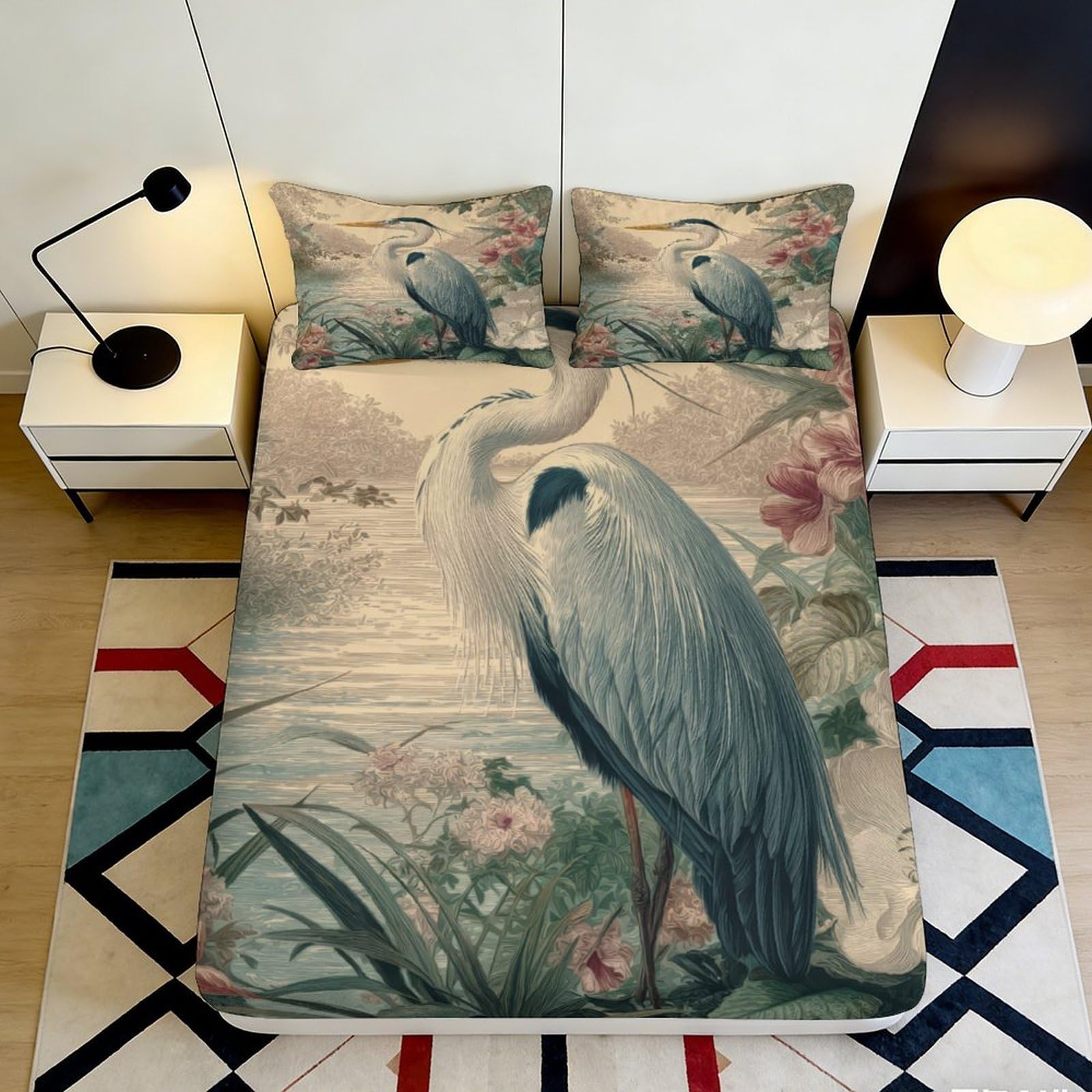 Uynsixtme Style-7 3D Printed Crane Pattern Fitted Sheet Microfiber Deep Pocket Non-Slip Bedding Set Crane Mattress Fitted Cover Elastic Washable 90X200x25cm