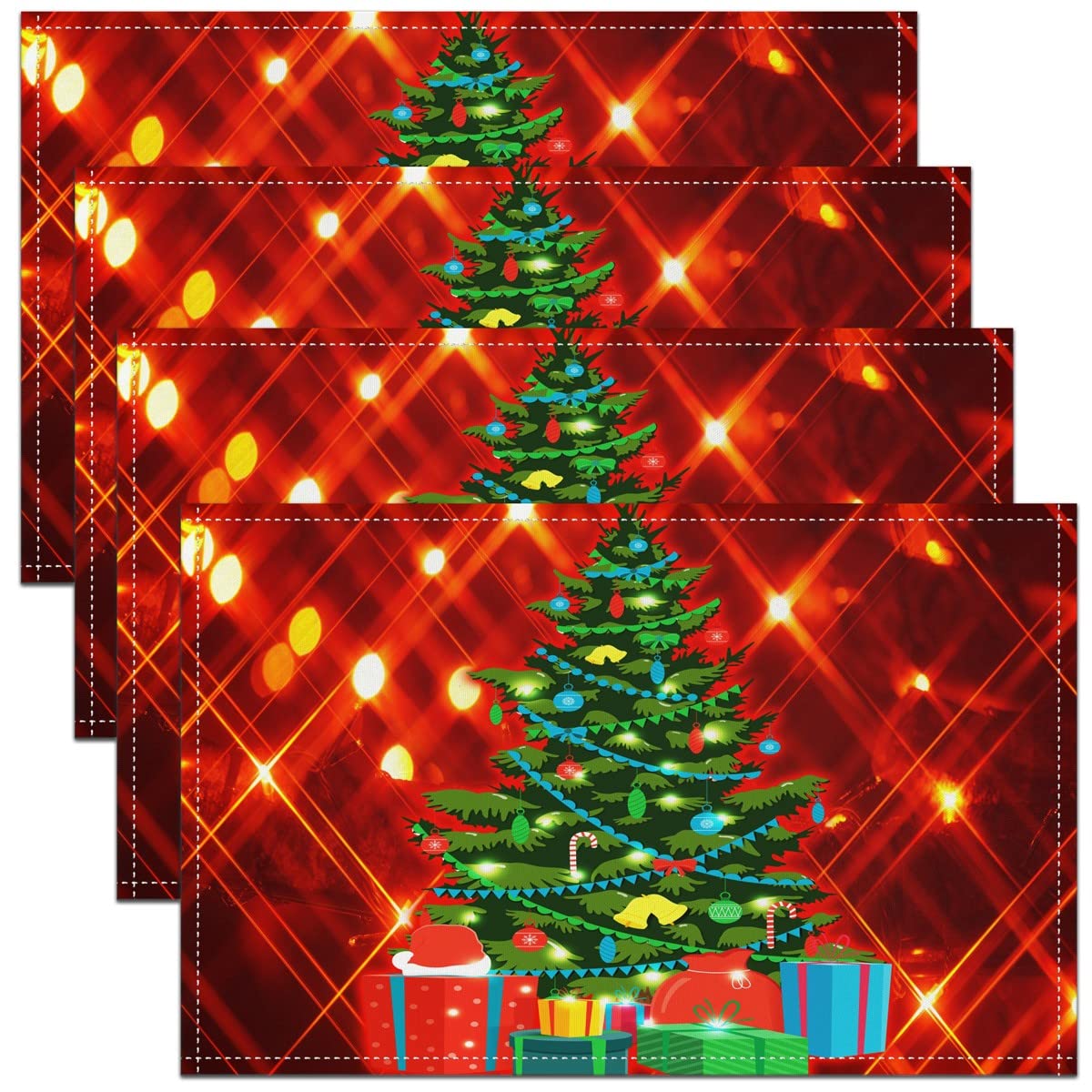 Homemissing Multicoloured 10 Christmas Tree Placemats Set Of 4 Merry Christmas Table Place Mats Set Xmas Placemat For Kitchen Dining Red 45X30cm